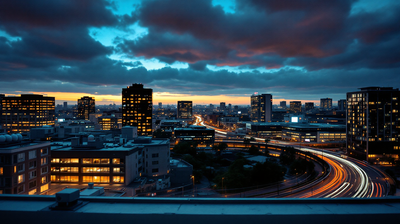 Business district at dusk from a rooftop