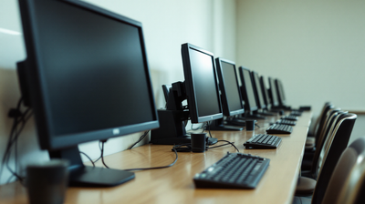 A college computer training lab before opening, screens off