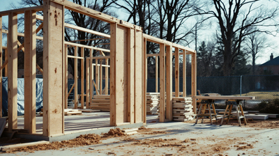 Carpentry training yard, half-built stud wall frames