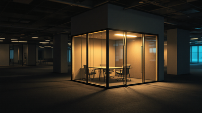 A lit glass meeting room seen across a dark office floor at night