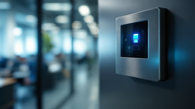 Access control reader beside a glass office door