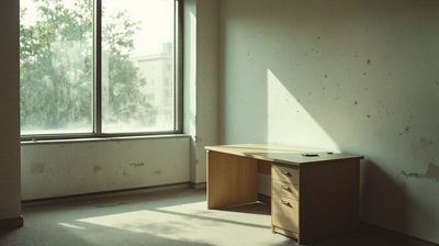 One scuffed desk left in an emptied office