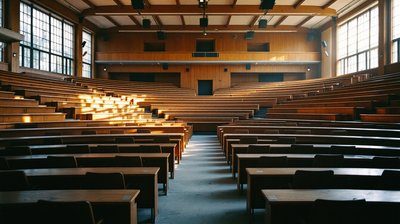 Tiered lecture hall from the back row