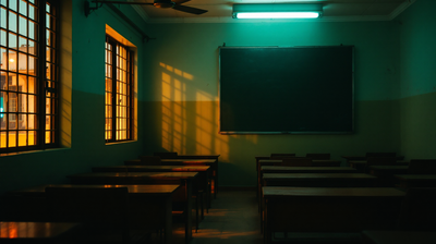 Coaching classroom in an Indian city at dusk