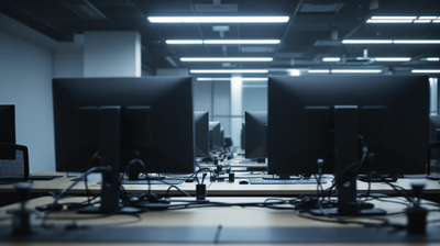 An empty bank trading floor desk bank with monitors dark