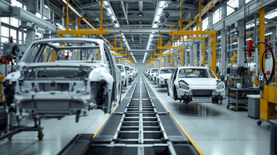 A halted car assembly line with bare body shells on the conveyor