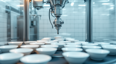 A robotic food assembly cell above a stainless conveyor