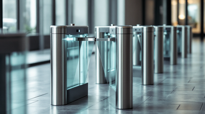 Waist height security turnstiles at a building entrance