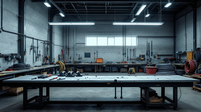 An industrial training workshop with conduit benders and workbenches
