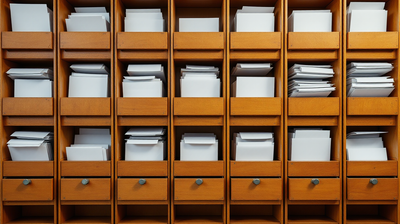 A wall of internal mail pigeonholes holding blank documents