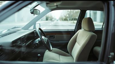 An empty driver seat and steering wheel seen from the rear of a car