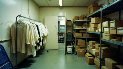 The back room of a shop with stock cages and shelving