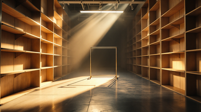 An emptied shop with bare shelving and one garment rail in a shaft of light