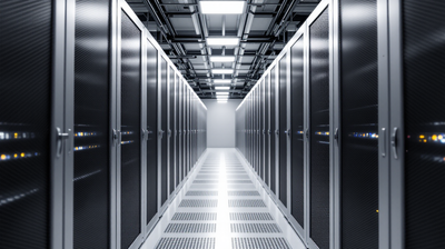 A cold aisle between server racks in a data centre