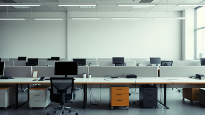 An open plan office where several workstations have been stripped bare