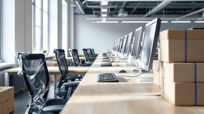 A row of brand new unoccupied workstations with the chairs still wrapped