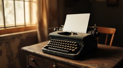An old manual typewriter with a blank sheet of paper on a wooden desk in a dim room