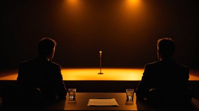 Two judges in silhouette from behind at a panel table facing a lit stage with a single microphone stand