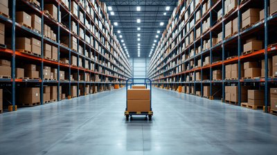 A high bay warehouse pick aisle with an empty pick trolley