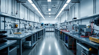 A hardware laboratory with the benches on one side cleared and the other side still fitted