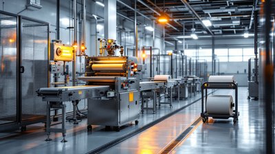 A stopped snack packaging line with a reel of unprinted film