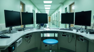 A hospital nurses station with bare monitor mounts and a ward corridor behind