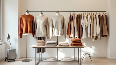 A retail merchandising bench with headless dress forms and folded knitwear