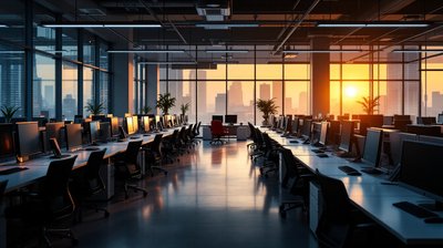 An open plan office floor at dusk with rows of workstations