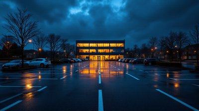 An emptied staff car park at dusk with bay markings running toward a lit office building