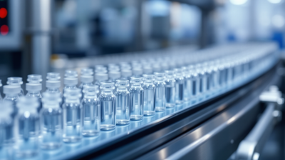 Rows of clear glass vials travelling along a stainless steel pharmaceutical filling line