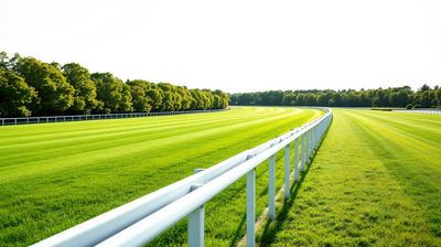 A white running rail beside deep green turf on a racecourse in bright summer sunlight