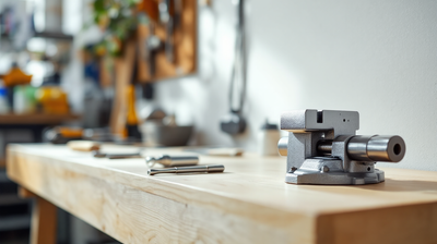 A new steel bench vice and hand tools on a pale timber workbench in a bright workshop