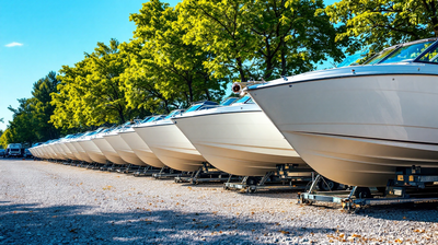 A row of white motorboats on trailers in a sunlit storage yard