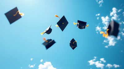 Graduation mortarboard caps with gold tassels thrown high against a clear blue sky
