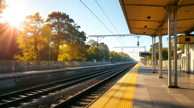 An empty commuter railway platform and track in bright morning sunlight