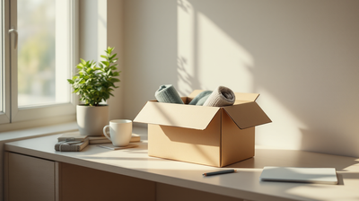 A cardboard box of personal belongings packed on an otherwise cleared office desk by a window