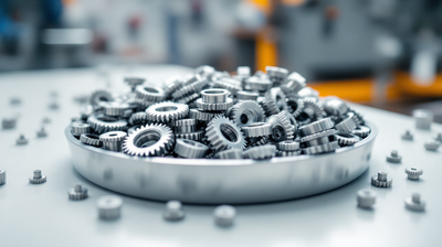 A close view of small precision steel gears and bushings in a metal tray