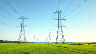 Steel lattice electricity transmission towers and conductors across open green farmland