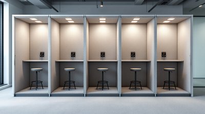 A row of empty soundproof phone booths with stools inside an open office
