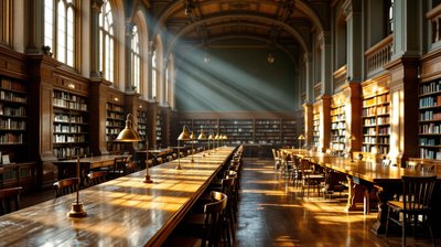 A university library reading room with long wooden tables and brass reading lamps
