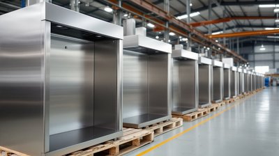 Finished stainless steel extractor hoods lined up on pallets on a factory floor