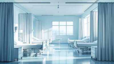 A hospital ward bay with four empty made beds and privacy curtain rails