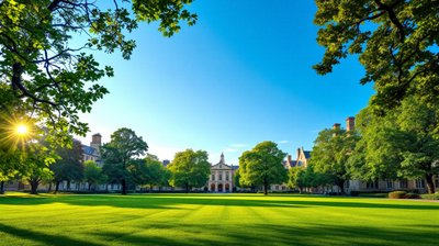 A university quadrangle with a lawn and trees in front of a stone academic building