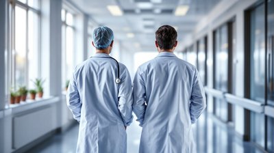 Two doctors in white coats seen from behind in a bright hospital corridor