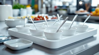 A tasting tray of plain white bowls with steel spoons on a laboratory counter