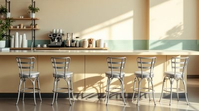 Empty counter stools along a diner counter with a coffee machine behind
