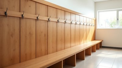 A staff cloakroom with a long run of empty coat hooks above a wooden bench