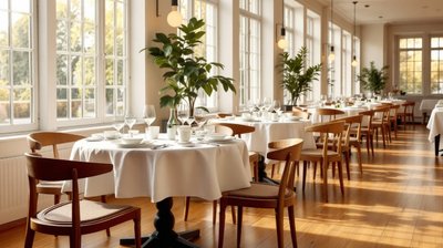 A hotel dining room with tables laid in white linen beside tall windows