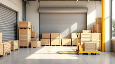 Stacked plain wooden crates and a pallet truck in a grocery goods receiving bay