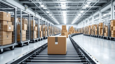 Rows of empty wheeled parcel cages beside a still conveyor in a sortation hall